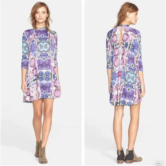 Free People New Romantics Fiesta Trapeze Mini Dress M Purple Floral Stretch - Picture 12 of 14